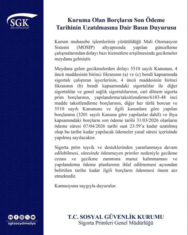 SGK açıkladı: Son ödeme süresi 7 Nisan