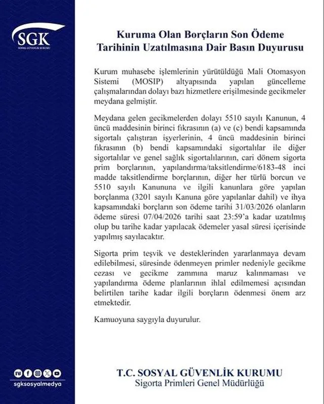 SGK açıkladı: Son ödeme süresi 7 Nisan